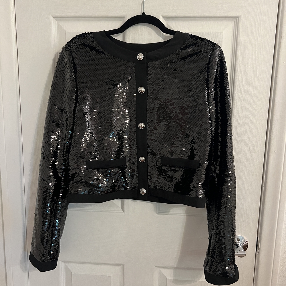 Black Sequin Cropped Blazer Jacket - Women Blazers & Suit Jackets